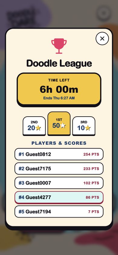 Doodle League standings with time, prizes, players, and scores